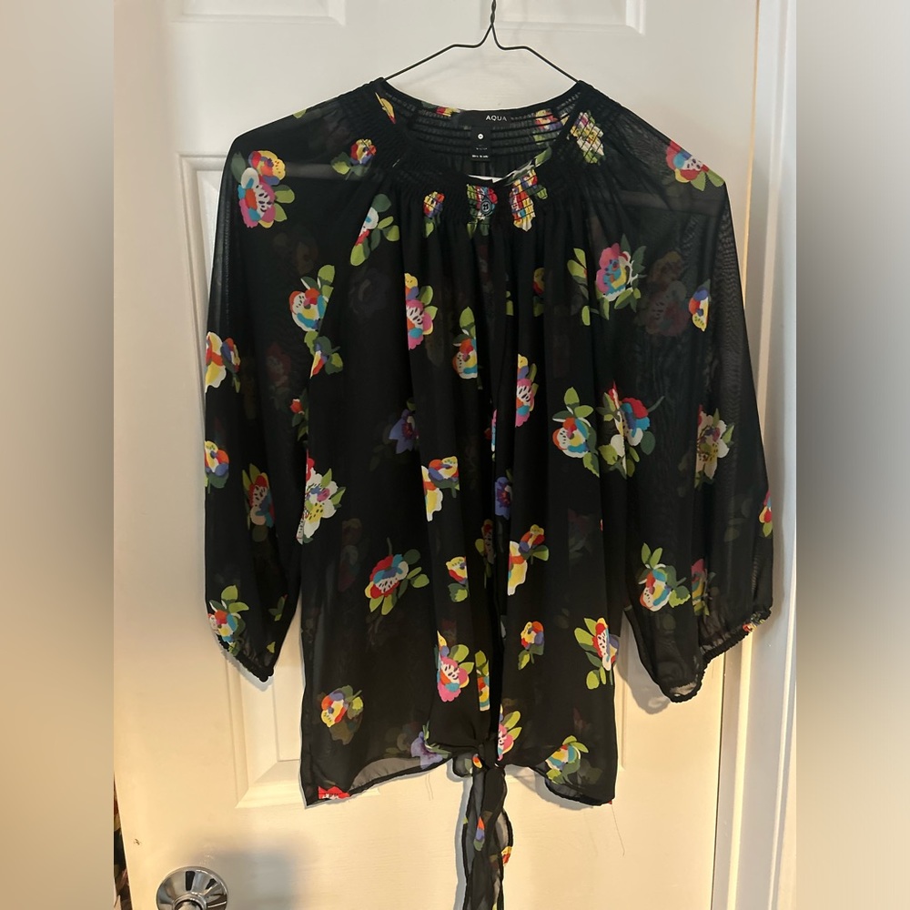 Aqua button-down, tie front blouse
